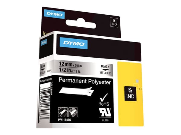 DYMO - Polyester - permanent häftning - svart på silver - Rulle (1,2 cm x 5,5 m) 1 kassett(er) permanent tejp - för Rhino 4200, 6000, 6000 Hard Case
