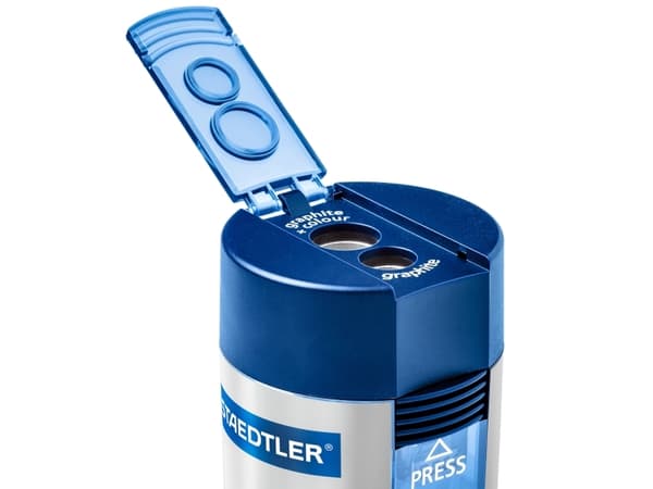 STAEDTLER - Blyantspisser med beholder - 2 hull - blå/sølv - metall, polystyren