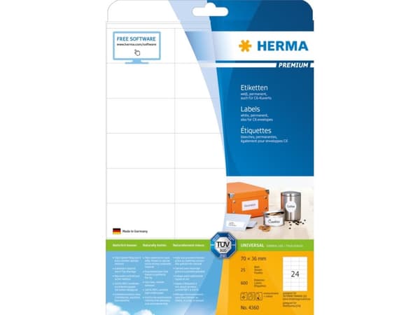 HERMA Premium - Papper - matt - permanent självhäftande - vit - 70 x 36 mm 600 etikett (er) (25 ark x 24) laminerade etiketter