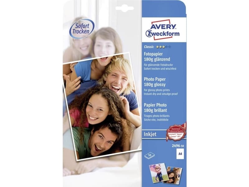 Avery Zweckform Classic Photo Paper Glossy 2496-50 - Blank - vit - A4 (210 x 297 mm) - 180 g/m² - 50 ark fotopapper