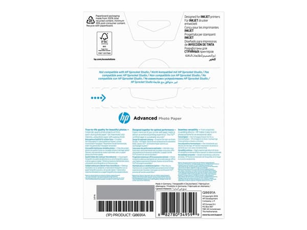 HP Advanced Glossy Photo Paper - Blank - 100 x 150 mm - 250 g/m² - 25 ark fotopapir - for ENVY Inspire 7255, 79XX; Officejet 80XX; Photosmart B110; S