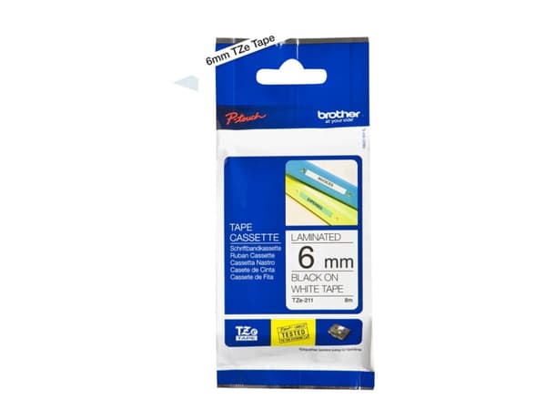 Brother TZe-211 - Standardklebemiddel - svart på hvitt - Rull (0,6 cm x 8 m) 1 kassett(er) laminert teip - for Brother PT-D210, D600, H110; P-Touch P