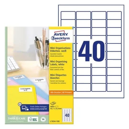 Adressetiketter Avery 45,7x25,4 mm, vit - (100 ark x 40 st.)