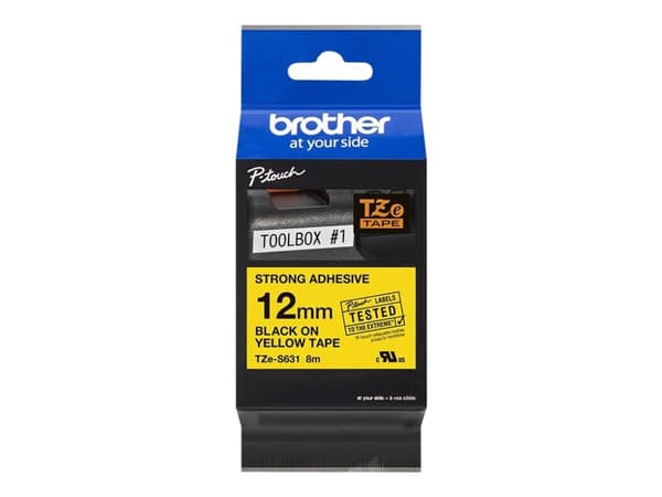 Brother TZe-S631 - Ekstra sterk adhesiv - svart på gult - Rull (1,2 cm x 8 m) 1 kassett(er) laminert teip - for Brother PT-D210, D600, H110; P-Touch