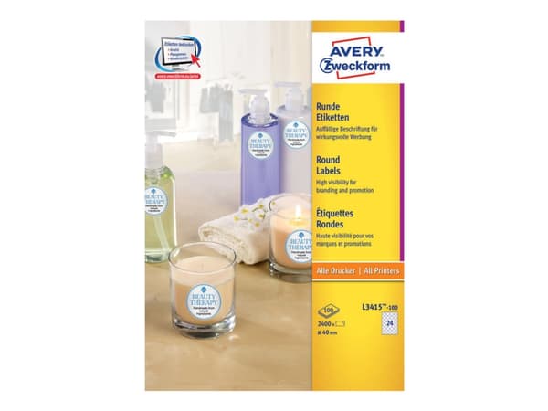 Avery L3415 - Vit - 40 mm rund 2400 st (100 ark x 24) runda etiketter
