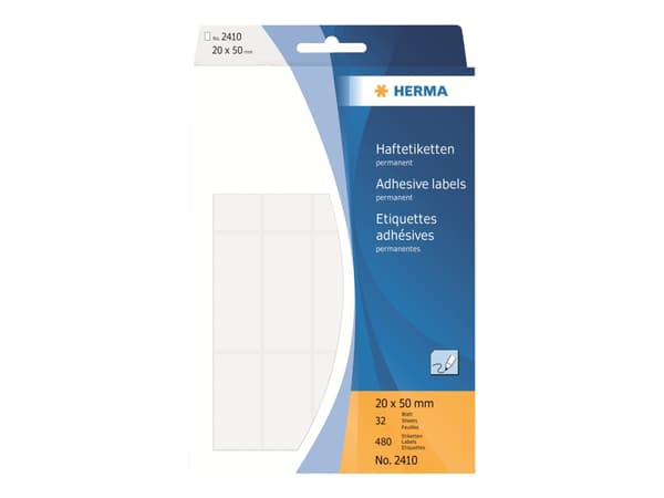HERMA 2410, Valkoinen, Pyöristetty suorakulmio, Selluloosa, Paperi, Saksa, 20 mm, 50 mm