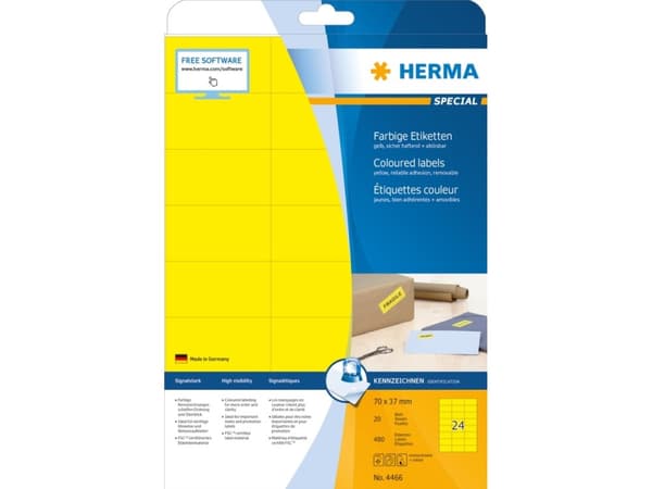 HERMA Spesial - Papir - matt - permanent selvklebende - gul - 70 x 37 mm 480 etikett(er) (20 ark x 24) etiketter