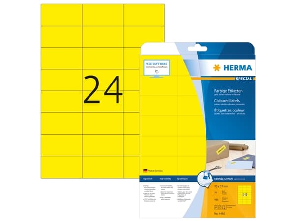 HERMA Spesial - Papir - matt - permanent selvklebende - gul - 70 x 37 mm 480 etikett(er) (20 ark x 24) etiketter