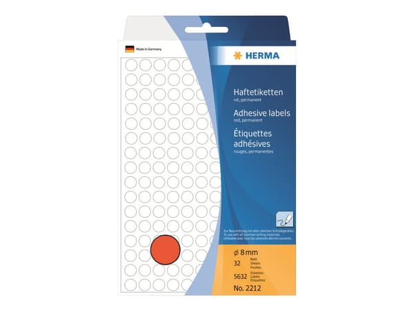 HERMA - Permanet adhesiv - rød - 8-mm rund 5632 etikett(er) (32 ark x 176) merkelapper