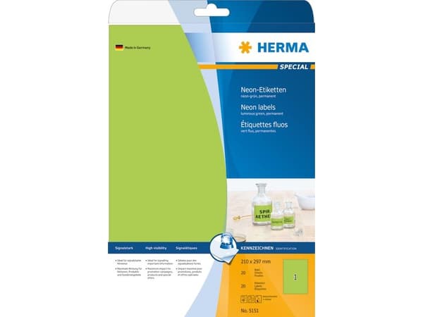 HERMA 5151, Vihreä, Itse kiinnittyvä tulostintarra, A4, Paperi, Laser/Inkjet, Kiinteä
