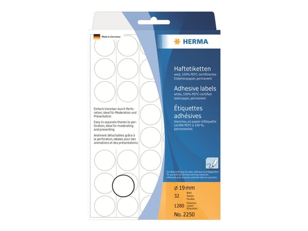 HERMA - Permanent klæbemiddel - hvit - 19 mm rund 1280 etikett(r) (32 ark x 40) etiketter