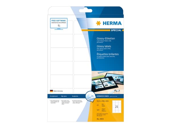 HERMA 4904, Valkoinen, Itse kiinnittyvä tulostintarra, A4, Paperi, Laser, Kiinteä