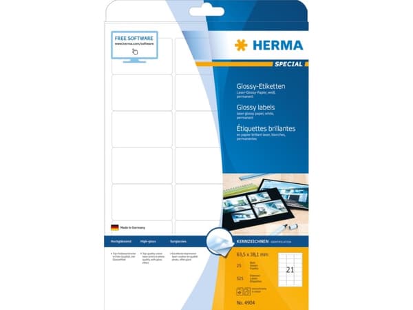 HERMA 4904, Valkoinen, Itse kiinnittyvä tulostintarra, A4, Paperi, Laser, Kiinteä