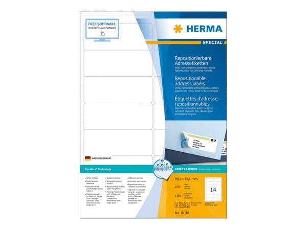HERMA Special - Papper - matt - flyttbar självhäftning - vit - 99.1 x 38.1 mm 1400 etikett (er) (100 ark x 14) adresslappar