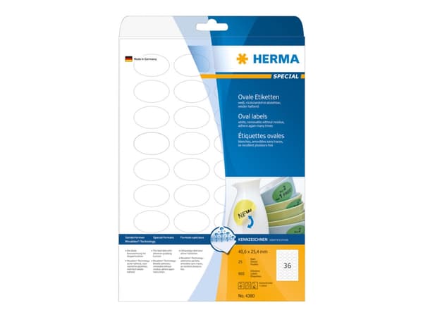 HERMA Special - Papir - matt - fjernbart selv-adhesiv - hvit - 40,6 x 25,4 mm (oval) 900 etikett(er) (25 ark x 36) merkelapper