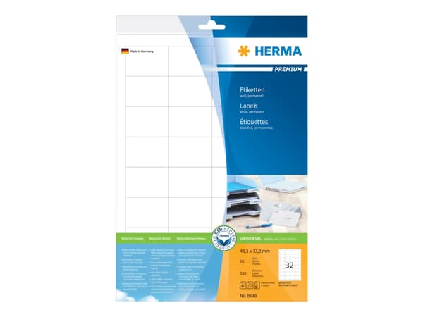 HERMA Premium - Papper - matt - permanent självhäftande - vit - 48.3 x 33.8 mm 320 etikett (er) (10 ark x 32) laminerade adressetiketter