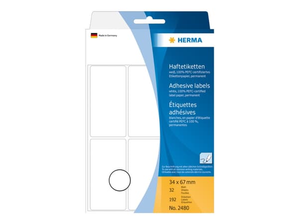 HERMA - Permanent klæbemiddel - hvit - 34 x 67 mm 192 etikett(r) (32 ark x 6) etiketter