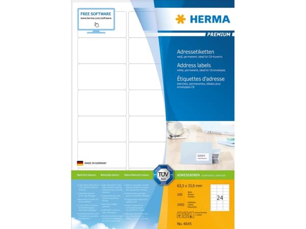 HERMA Premium - Papper - matt - permanent självhäftande - vit - 63.5 x 33.9 mm 2400 etikett (er) (100 ark x 24) laminerade adressetiketter