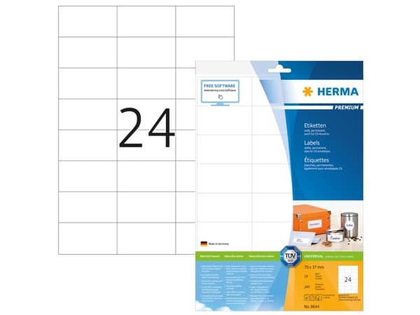 HERMA 8644, Valkoinen, Itse kiinnittyvä tulostintarra, A4, Paperi, Laser/Inkjet, Kiinteä