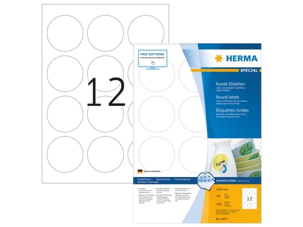 HERMA Special - Papir - matt - fjernbart selv-adhesiv - hvit - 60 mm rund 1200 etikett(er) (100 ark x 12) merkelapper