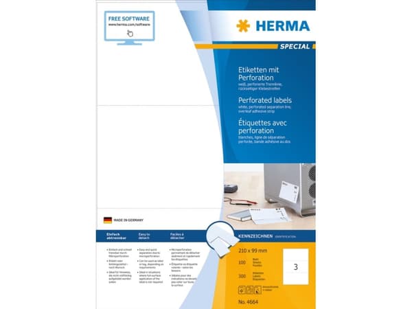 HERMA Special - Papir - matt - permanent selv-adhesiv - perforert - hvit - 210 x 99 mm 300 etikett(er) (100 ark x 3) merkelapper