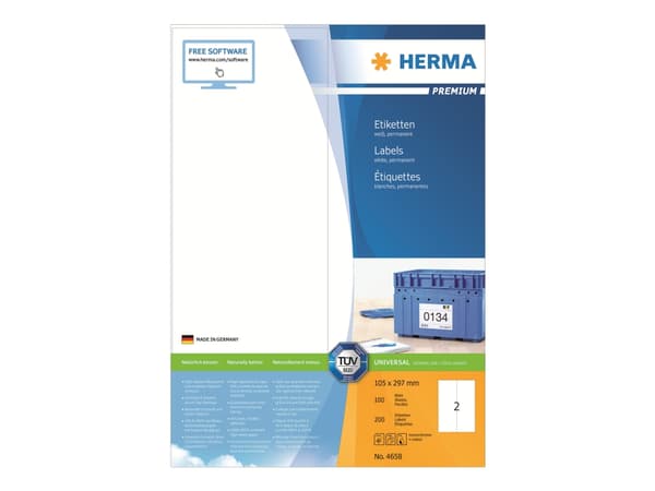HERMA Premium - Papper - matt - permanent självhäftande - vit - 105 x 297 mm 200 etikett (er) (100 ark x 2) laminerade etiketter