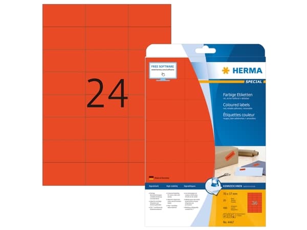 HERMA Special - Papir - matt - permanent selv-adhesiv - rød - 70 x 37 mm 480 etikett(er) (20 ark x 24) merkelapper