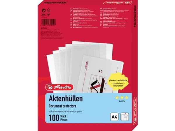 Herlitz 10843746, 210 x 297 mm (A4), Gjennomsiktig, Polypropylen (PP), Portrett, Topp og side, 100 stykker