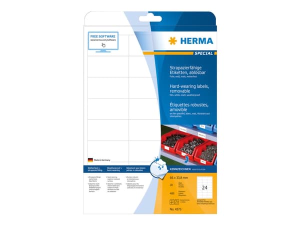 HERMA Special - Matt - fjernbart selv-adhesiv - hvit - 66 x 33.8 mm 480 etikett(er) (20 ark x 24) filmetiketter