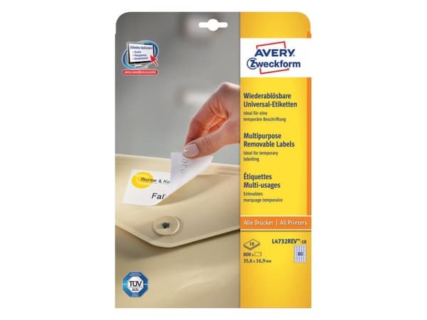 Avery L4732REV-10, Hvit, Selvklebende skriveretikett, A4, Papir, Laser/Blekkskriver, Universell