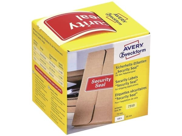 Plomberingsetikketer Avery 7130 rød 78x38 mm i dispenser m/100 stk.