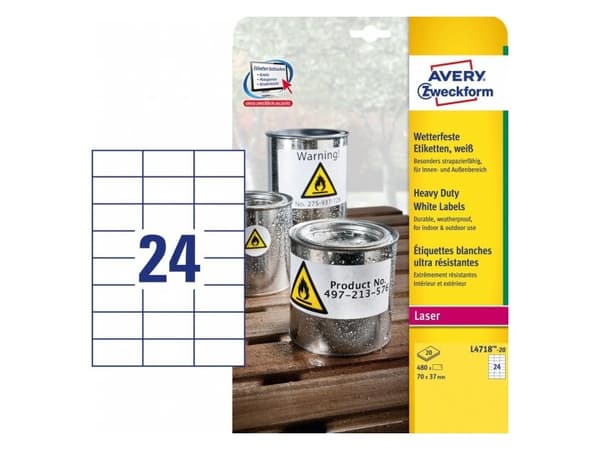 Avery Zweckform L4718 - Polyester - matte - permanent klebemiddel - hvit - 70 x 37 mm 480 etikett(r) (20 ark x 24) etikett