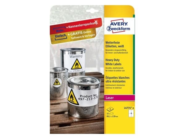 Avery L4774-8, Vit, Självhäftande skrivaretikett, A4, Polyester, laser, Permanent