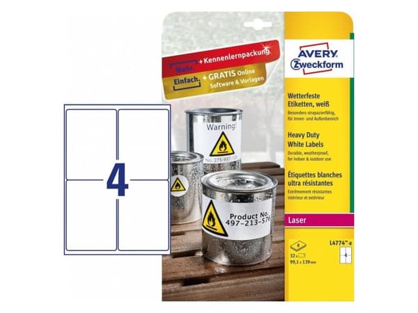 Avery L4774-8, Vit, Självhäftande skrivaretikett, A4, Polyester, laser, Permanent