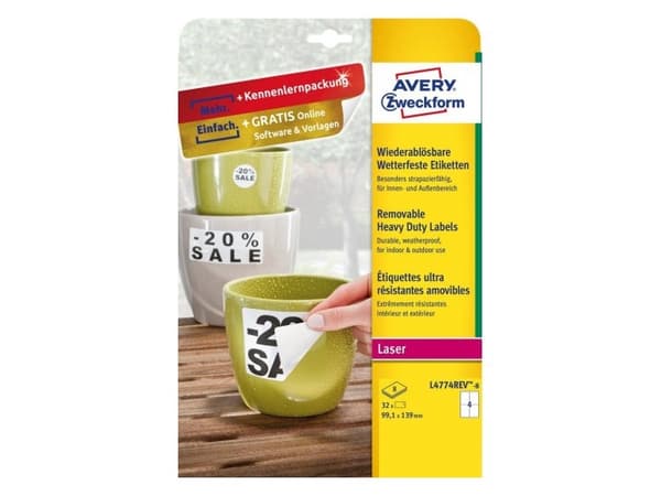 Avery Zweckform L4774REV-8, valkoinen, pyöristetty suorakulmio, irrotettava, DIN A4, polyesteri, mattainen
