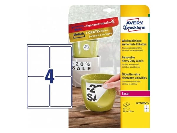 Avery Zweckform L4774REV-8, valkoinen, pyöristetty suorakulmio, irrotettava, DIN A4, polyesteri, mattainen