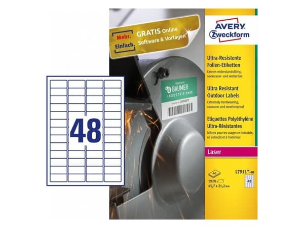 Avery Zweckform L7911-40, Hvit, Avrundet rektangel, Permanent, DIN A4, Polyetylen, Matt