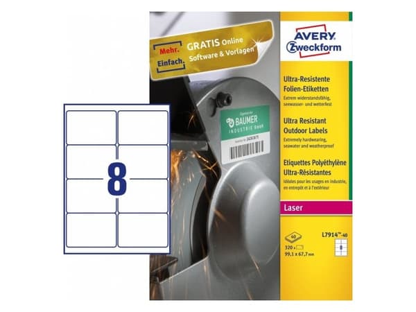 Avery L7914-40, hvit, selvklebende skriveretikett, A4, polyetylen, laser, permanent