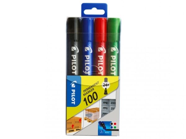 Pilot Permanent Marker 100 - Markør - permanent - svart, rød, blå, grønn - oljebasert blekk - 1 mm - fin (en pakke 4)