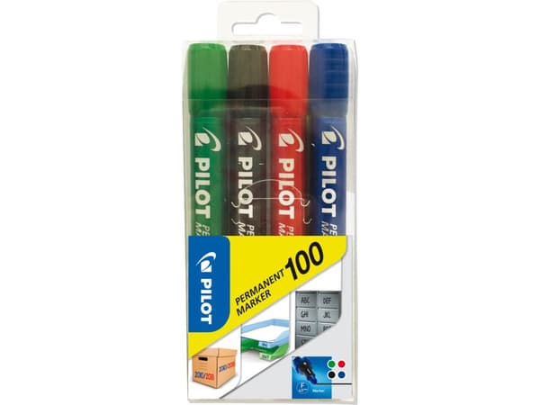 Pilot Permanent Marker 100 - Markør - permanent - svart, rød, blå, grønn - oljebasert blekk - 1 mm - fin (en pakke 4)
