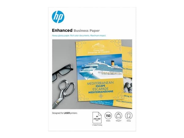 HP :n kiiltävä Photo-laserpaperi, 150 gsm, 150 arkkia, A4-koko, 210 × 297 mm, Lasertulostus, A4 (210x297 mm), Kiilto, 150 arkkia, 150 g/m², Valkoinen