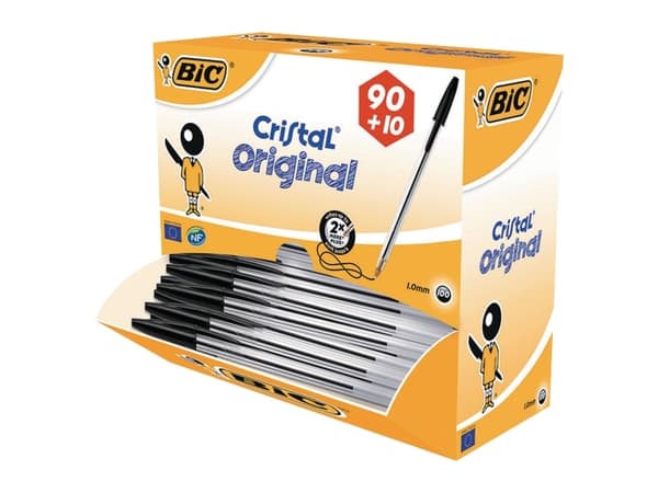 Kuglepen, BIC Cristal, 1 mm, medium, sort, pakke a 100 stk