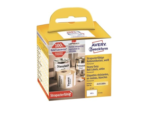 Avery A1933084, Vit, Rundad rektangel, Permanent, Svart på vitt, Rolle, Folie