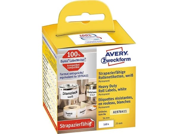 Avery A1976411, Vit, Rundad rektangel, Permanent, Svart på vitt, Rolle, Folie