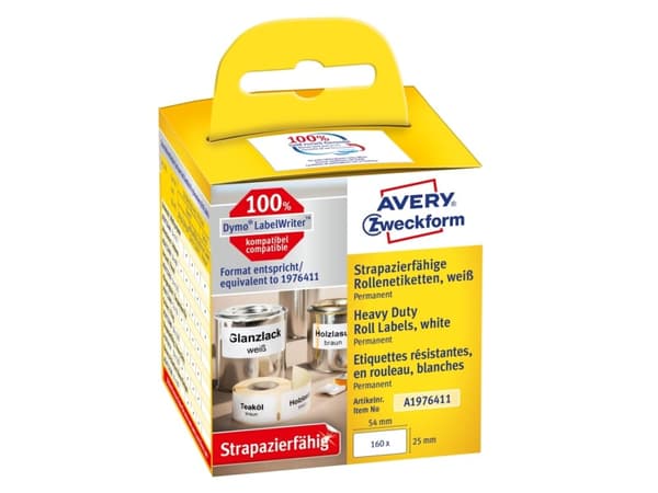 Avery A1976411, Vit, Rundad rektangel, Permanent, Svart på vitt, Rolle, Folie
