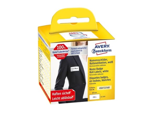 Avery AS0722560, Vit, Rundad rektangel, Lösa, Svart på vitt, Rolle, Folie