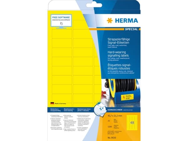 HERMA 8030, Keltainen, Itse kiinnittyvä tulostintarra, A4, Laser, Kiinteä, Matta