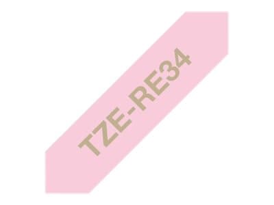Brother TZe-RE34 gavebånd 12mm x 4m - guld på pink satinbånd