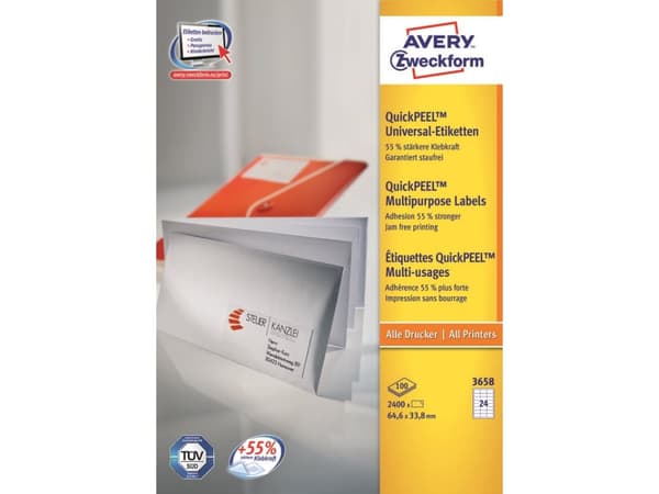 Avery - Hvit - 64.6 x 33.8 mm 2400 etikett(er) (100 ark x 24) flerbruks merkelapper