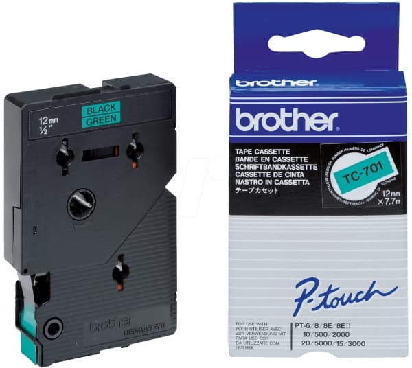 Brother TC-701, Musta vihreällä, TC, Musta, Brother, P-touch PT2000, PT3000, PT500, PT5000, PT8E, 1,2 cm
